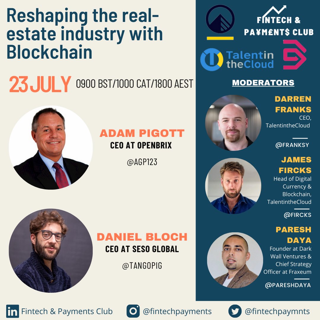 FintechPaymnts's tweet image. We are going to be joined by Adam Pigott, CEO of @OpenBrix  and Daniel Bloch, CEO of @SesoGlobal   to explore how #blockchain can be leveraged in the #propertysector.

✳️ Darren Franks, James Fircks, Paresh Daya

Event Link: clubhouse.com/event/PYJKvVEx