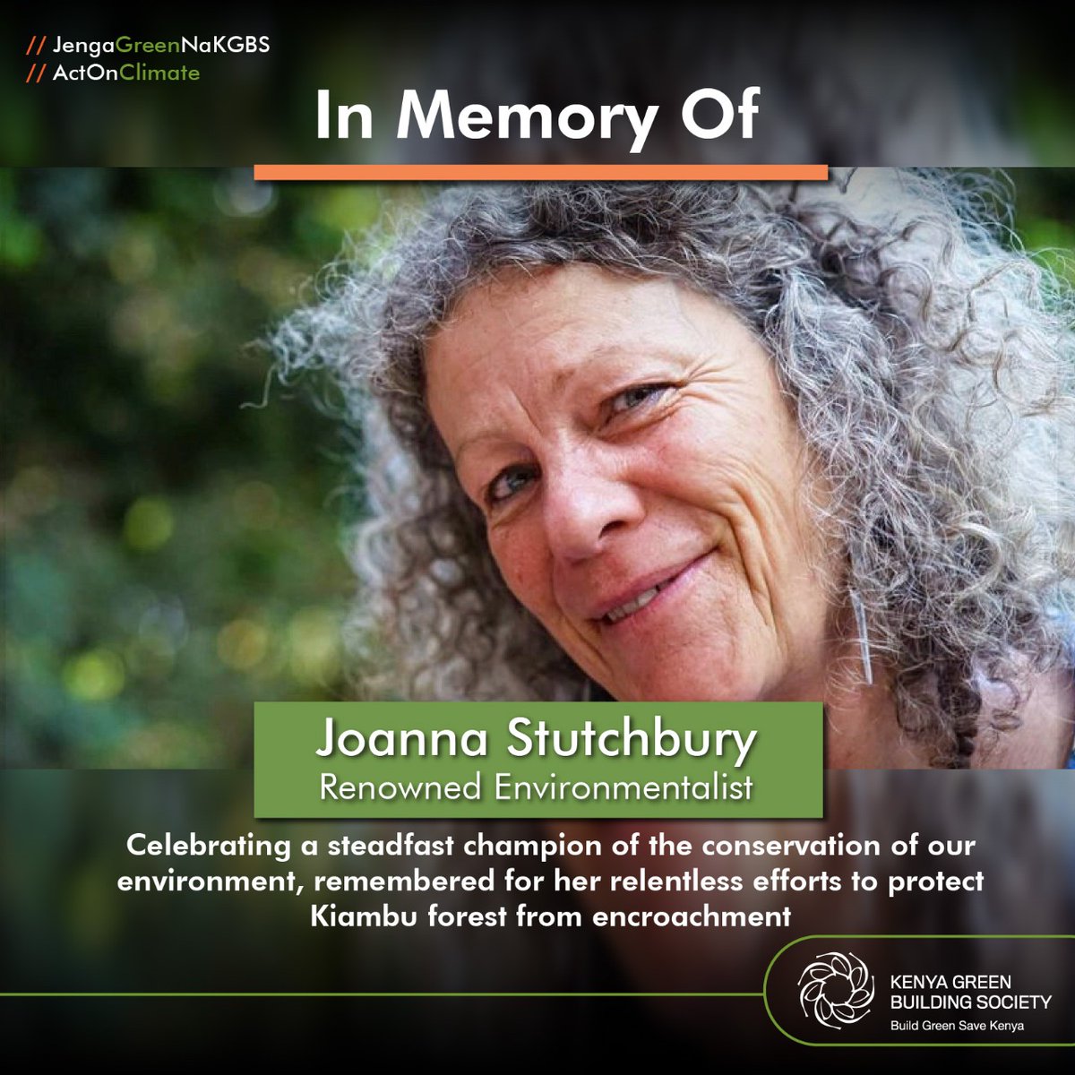 OfficialKGBS's tweet photo. In memory of Joanna Stutchbury, Renowned Environmentalist

We celebrate a steadfast champion of the conservation of our environment, remembered for her relentless efforts to protect Kiambu Forest from encroachment.

May she Rest in Peace https://t.co/m0nVNeqmDY