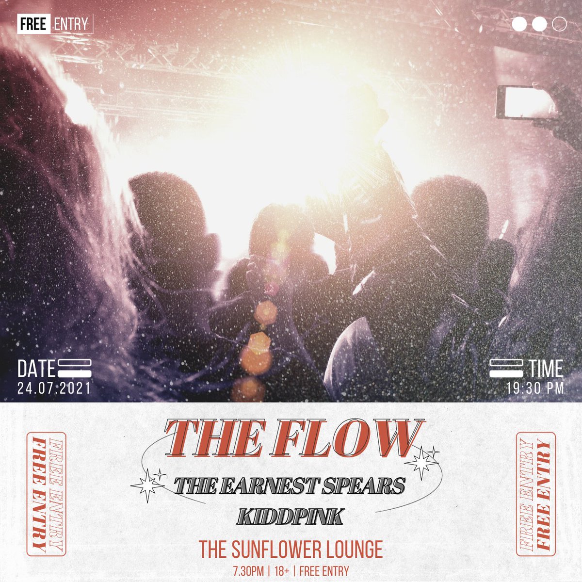 Unfortunately, the gig this Saturday with Frankensteiner is being rescheduled. But, NEVER FEAR! 

It's freedom Saturday and we're back with a bang!💥

The Flow, The Earnest Spears &amp; KiDDPiNK will now perform a very special FREE ENTRY show! ⚡️