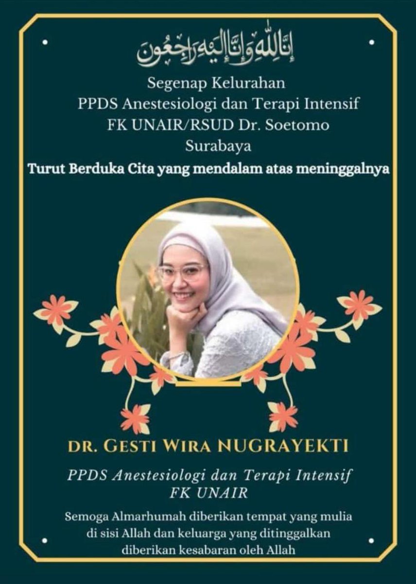 Innalillahi wainna ilaihi rojiunn. Kembali gugur dokter residen, masa depan kedokteran Indonesia. Sejauh sudah 7 residen meninggal selama pandemi, dan 4 di antaranya dari RS Soetomo, Surabaya. Ada apa di sana? Bukannya sehari-hari korban jiwa di Surabaya dilaporkan sangat kecil?