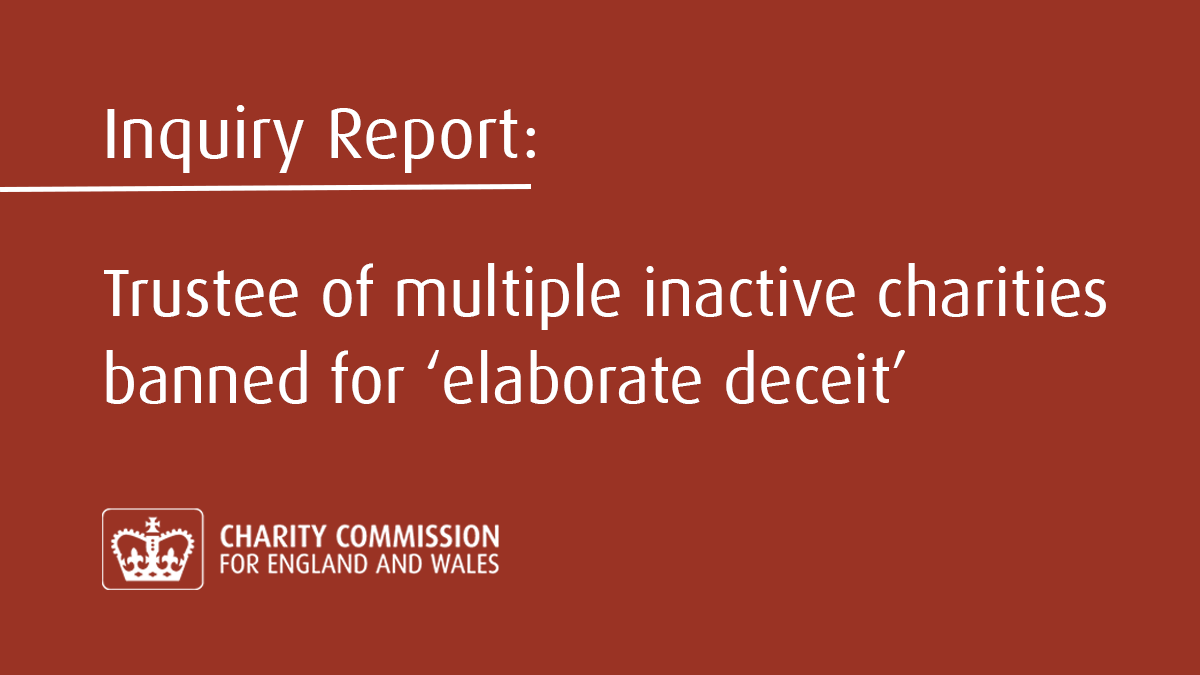ChtyCommission's tweet photo. We’ve banned a trustee for the longest possible time for his ‘elaborate deceit’ that included using different identities across multiple charities. 

6 charities have been removed from the register. 

Find out more: https://t.co/lxI8Q42POl https://t.co/odoEIIBCUj