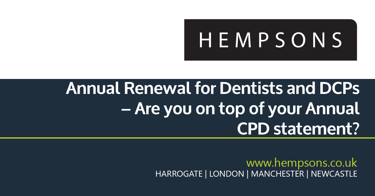 hempsonslegal's tweet photo. Annual renewal of registration is required by 31 July for Dental Care Professionals &amp; by 31 December for Dentists. Hempsons solicitor @iamaroad highlights the key points - don’t miss the deadline! Read the full article here: https://t.co/b1gXVrBwpn #dentists #dentistry https://t.co/C5J79T52Xt