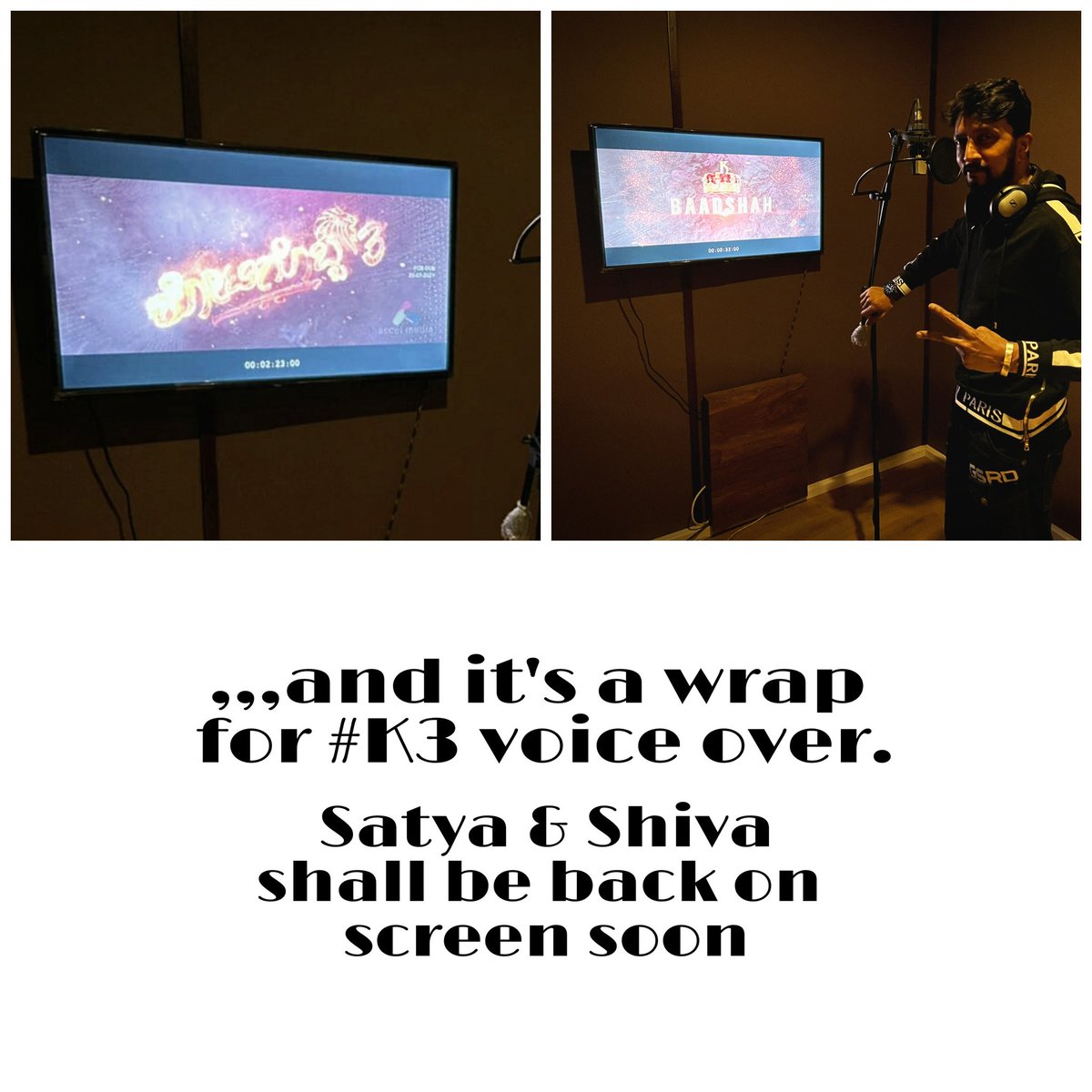 KicchaSudeep's tweet photo. Wrapped the voice over for #K3.
Best wshs to the team and everyone involved .
🤗🥂 https://t.co/nnZNgEXPqt