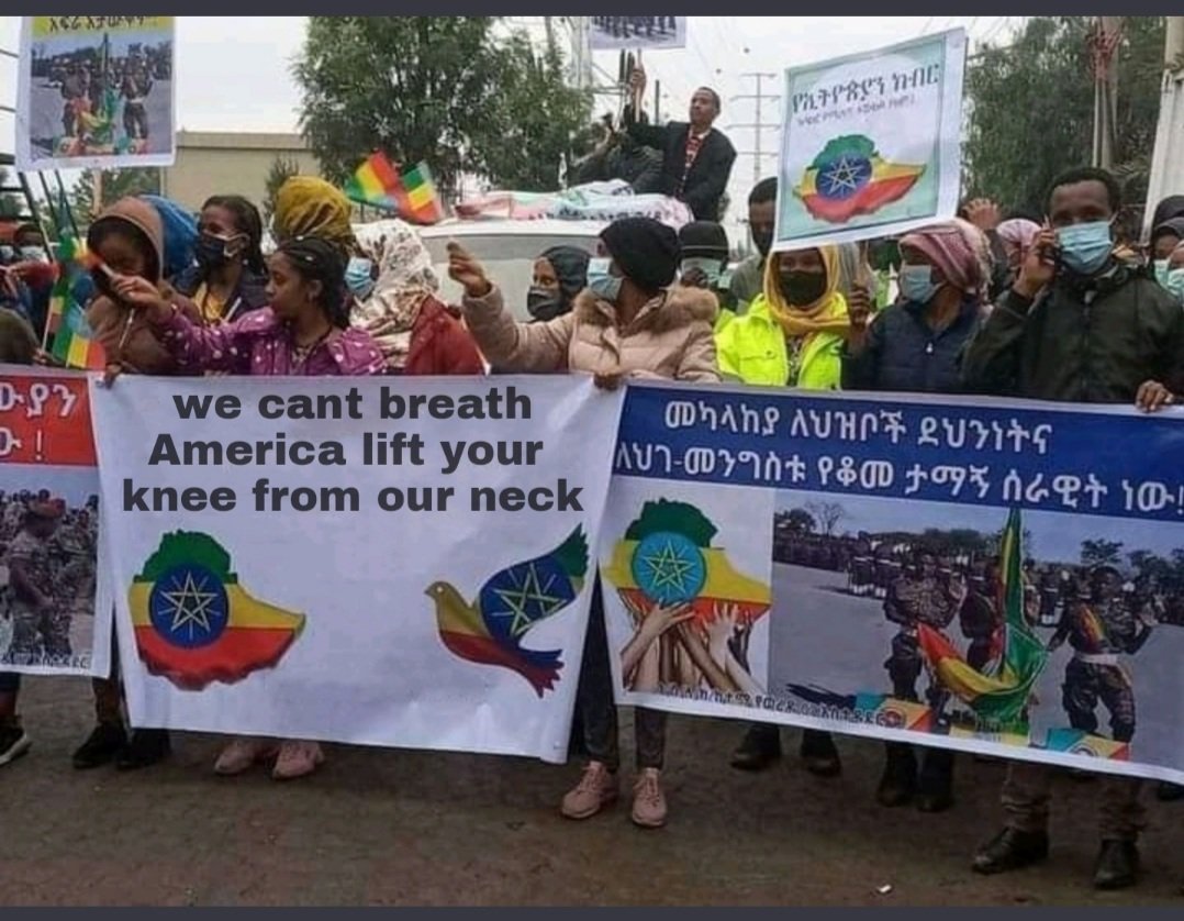 yonieEthio's tweet photo. " We can't breath America lift your knee from our neck says Ethiopians in Addis Ababa. @cnni @FoxNews @StateDept @SecBlinken @UnityForEthio @EU_Commission @NeaminZeleke https://t.co/FKCvqj2QKz