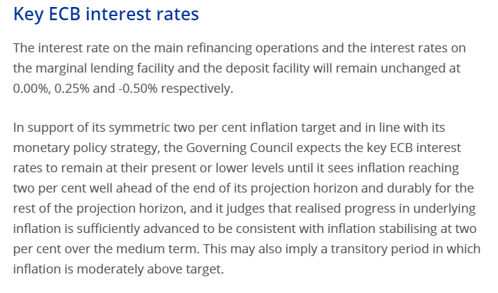 Ihan selkeä on tämä EKP:n uusi korko-ohjeistus. Kun inflaation ei nyt odoteta tällä vuosikymmenellä täyttävän noita kriteereitä nykyisillä toimilla, niin mitähän EKP aikoo tehdä tavoitteen saavuttamiseksi? No, jospa markkinat tuottaisivat sitä inflaatiota. Sitä odotellessa.