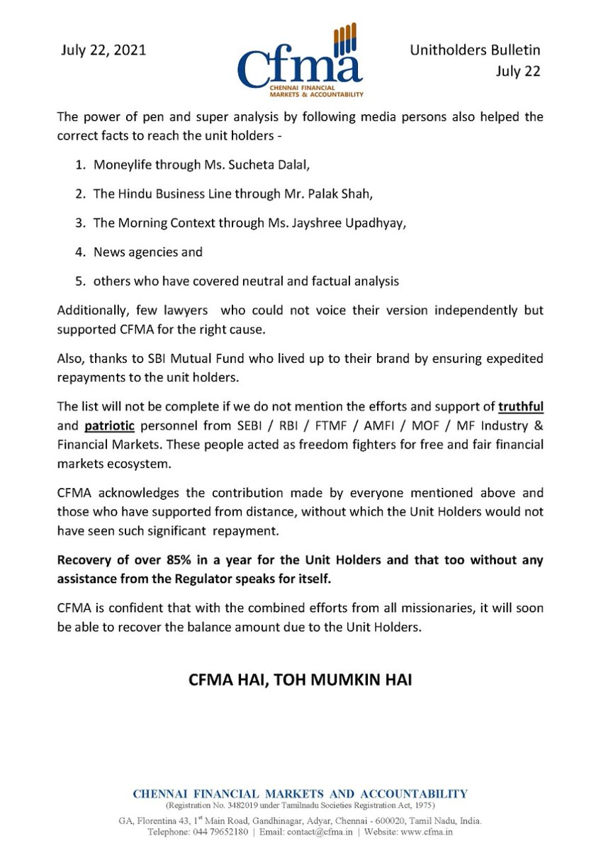 CFMA_1's tweet photo. CFMA recognises and applauds efforts of missionaries for Rs. 21,000 Crore Recovery.
@jashkriplani @Srivatskr @ShantanuGuhaRay @DrManishKumar1 @SreeIyer1 @MD_Nalapat @jayeshchitalia @ETMutualFunds @palakshahjourno @jaysh88 @suchetadalal @Moneylifers @MoneylifeIndia  @Tweetsandeep https://t.co/jMKMeMa47w