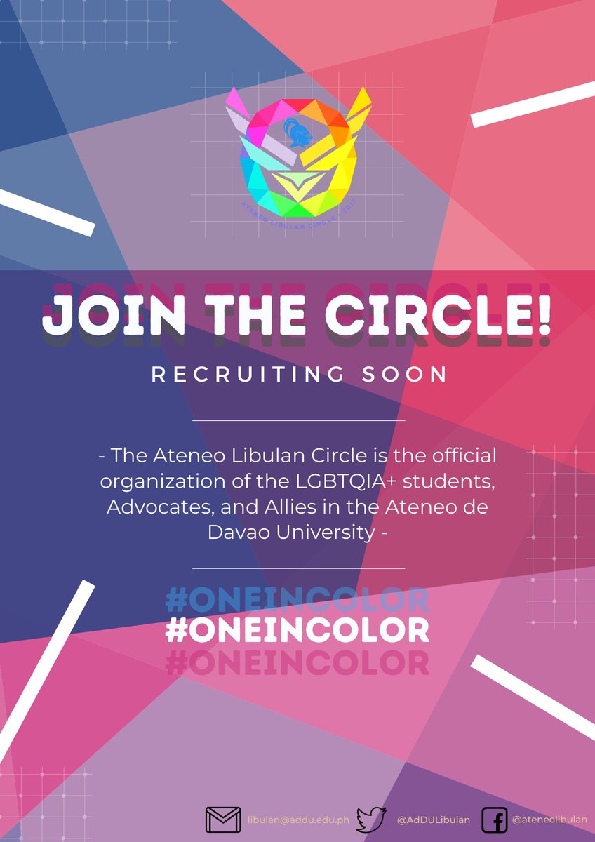 AdDULibulan's tweet photo. The Ateneo Libulan Circle is recruiting soon! ๐
Join the cause in breaking the cycle of discrimination. The Circle welcomes everyone of any gender identity, both LGBTQIA+, and Allies.
Stay tuned for updates!
Facebook Link: https://t.co/wOGqVqu8us
#OneInColor
#PassADBNow https://t.co/oLwqv5cYeW