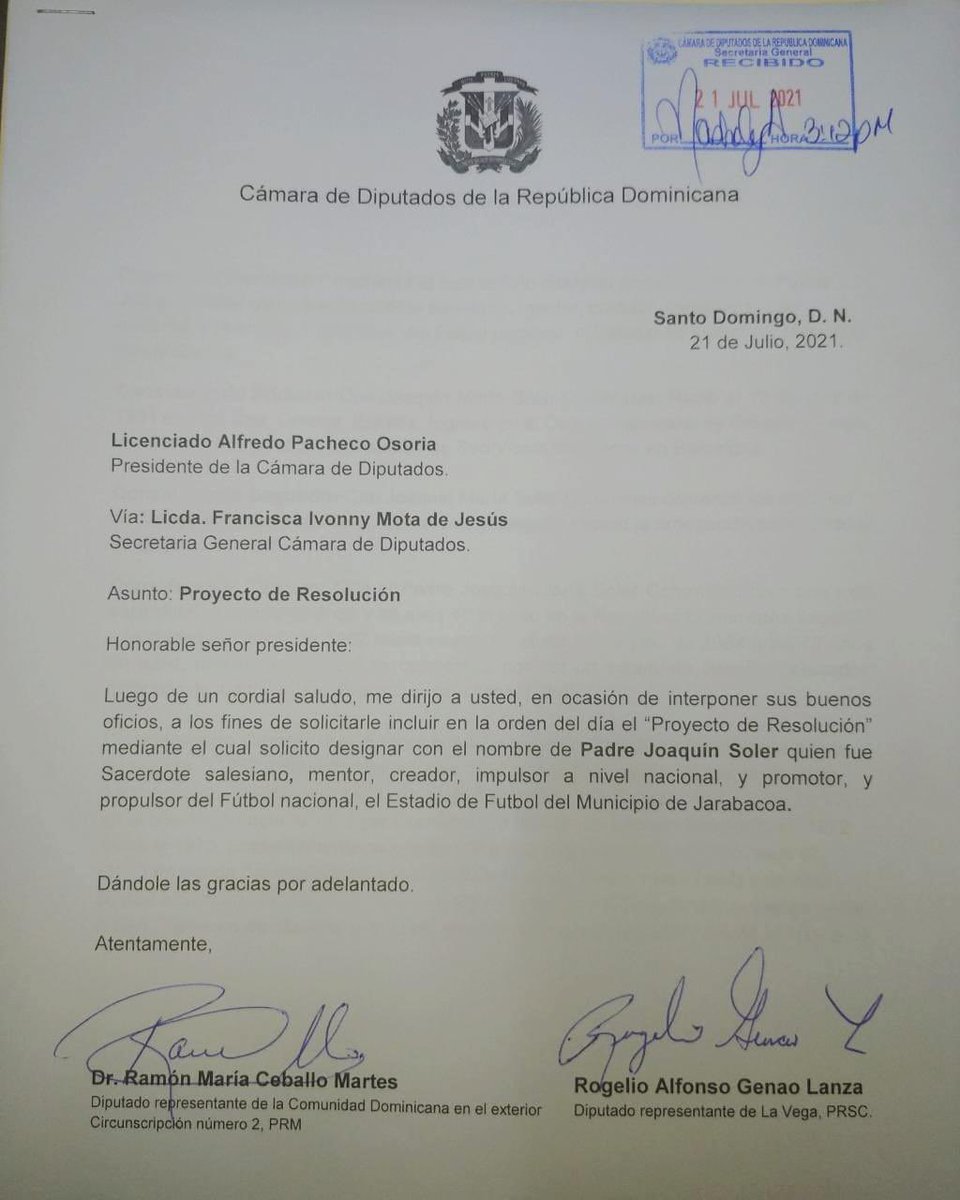 Aquí la petición a la <a href="/DiputadosRD/">Cámara de Diputados de la República Dominicana</a> para poner el nombre al Estadio de Fútbol de Jarabacoa a un Salesiano que dio todo por el fútbol P. Joaquin Soler y desde ya digo es una excelente propuesta, los Salesianos han sido la bendición más grande de este lindo pueblo <a href="/RogelioGenaoLz/">Rogelio Alfonso Genao</a>