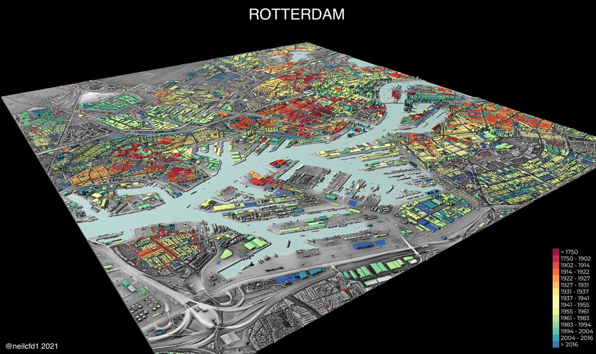 Oblique view of Rotterdam building age data over LiDAR. Building age data from @INSPIRE_EU @Het_Kadaster, LiDAR height data from ahn.nl, inspiration from @dr_xeo.  Rendered in #rayshader #rstats @LoveRotterdam @RotterdamInfo