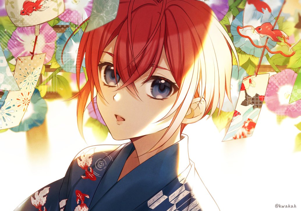 1boy male focus red hair japanese clothes solo looking at viewer blue eyes  illustration images