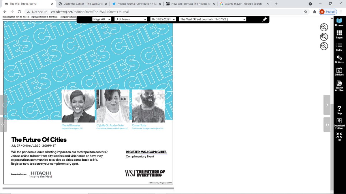 TreyB16's tweet photo. WSJ ad "Future of Cities" event incorrectly includes picture of Keisha Lance Bottoms as Muriel Bowser https://t.co/s9Vfg04pR8
