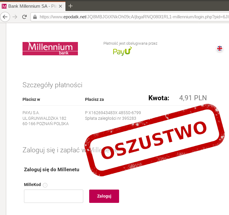 CERT_Polska's tweet photo. UWAGA! Oszuści rozsyłają fałszywe SMS-y podszywające się pod Urząd Skarbowy i informujące o zaległym rozliczeniu podatku. W rzeczywistości ofiara trafia na fałszywy panel płatności PayU. Zachowajcie ostrożność i zgłaszajcie podejrzane wiadomości na https://t.co/LuwUm2vxBd https://t.co/sFpgWUsCGx