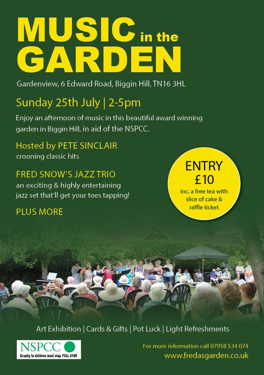 Just a quick reminder that my annual Music in the Garden event is on THIS WEEKEND, Sun 25th July

Tickets are 'on the door' include a hot drink, cake &amp; raffle ticket.  

I have some great raffle prizes from <a href="/westerhamh/">Westerham Heights Garden Centre</a>, <a href="/coolingsGC/">CoolingsGardenCentre</a>, <a href="/jacobsladderltd/">Jacobs Ladder Ltd. Butchery</a>,  <a href="/Aperfield/">The Aperfield Inn</a> &amp; <a href="/Waitrose/">Waitrose & Partners</a>