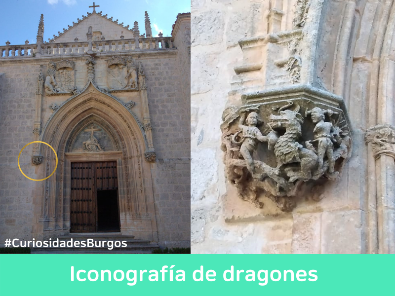 ¿A qué no te has dado cuenta que a la entrada de la iglesia de la <a href="/cartujadeburgos/">Cartuja Miraflores</a> hay un DRAGÓN? La imagen muestra la escena de la lucha entre un 🐉(el diablo) y dos figuras, una de ellas el arcángel San Miguel. 
Pero no es el único monumento que contiene esta iconografía....👇🏽