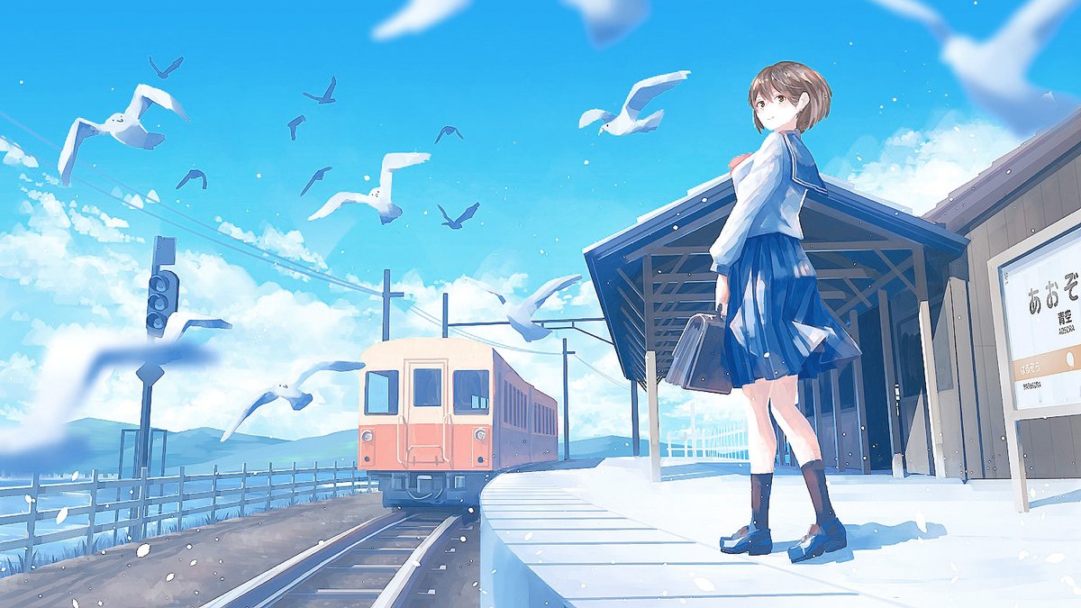 1girl bird skirt outdoors brown hair train station school uniform  illustration images
