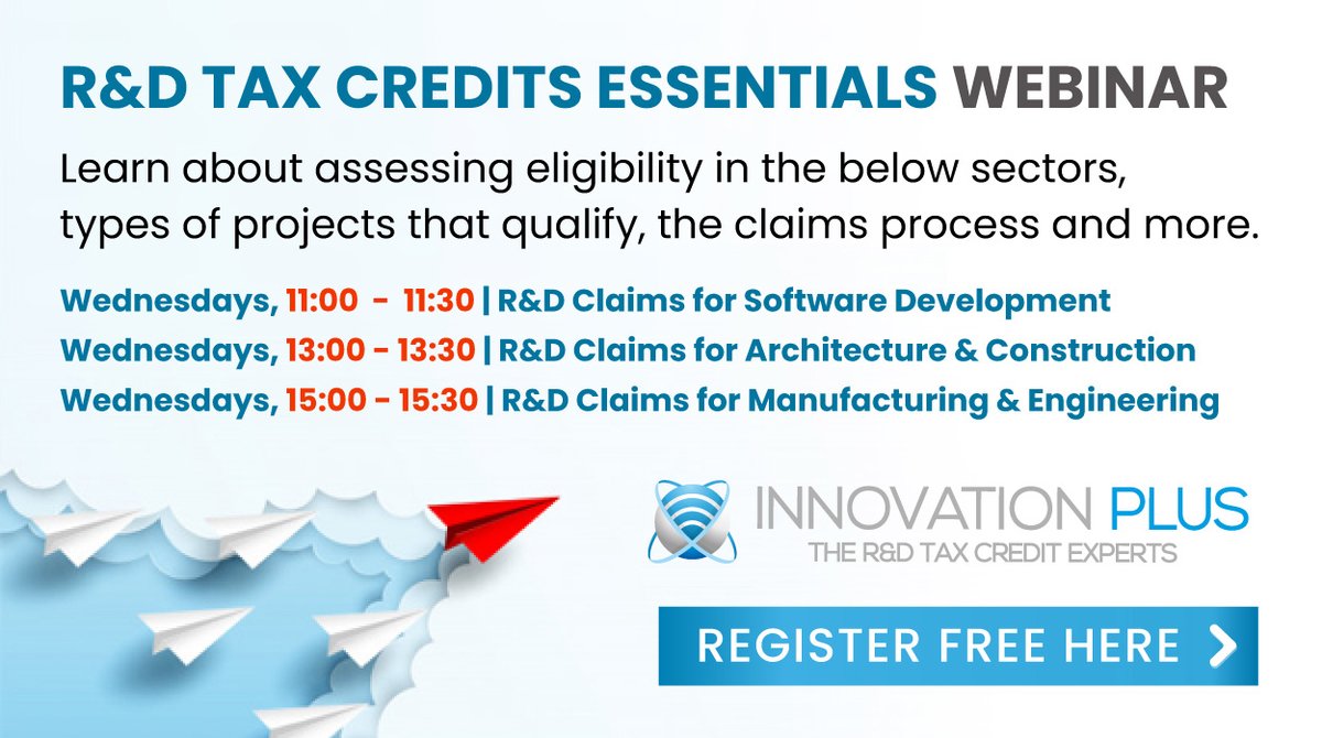 Hello All. We have created a series of free webinars for companies that want to find out more about the process of claiming Research &amp; Development Tax Credits. Register free here: bit.ly/3iEomxw
All welcome! We hope to see you there #innovation #researchanddevelopement