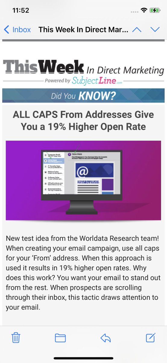 The Von Restorff Effect in action. Things that stand out get noticed. All cap your #email sender line for a 19% lift in opening rates, according to <a href="/worldata/">Jay Schwedelson</a> #persuasion