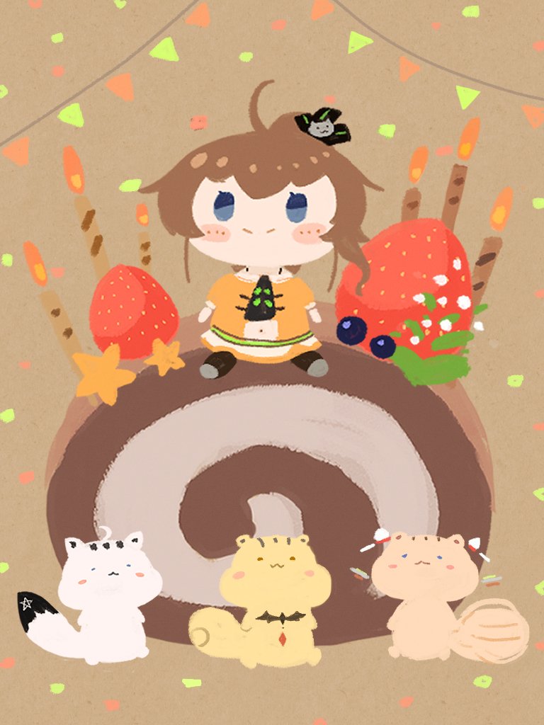 natsuiro matsuri 1girl brown hair food cat hair ornament candle cake blue eyes  illustration images