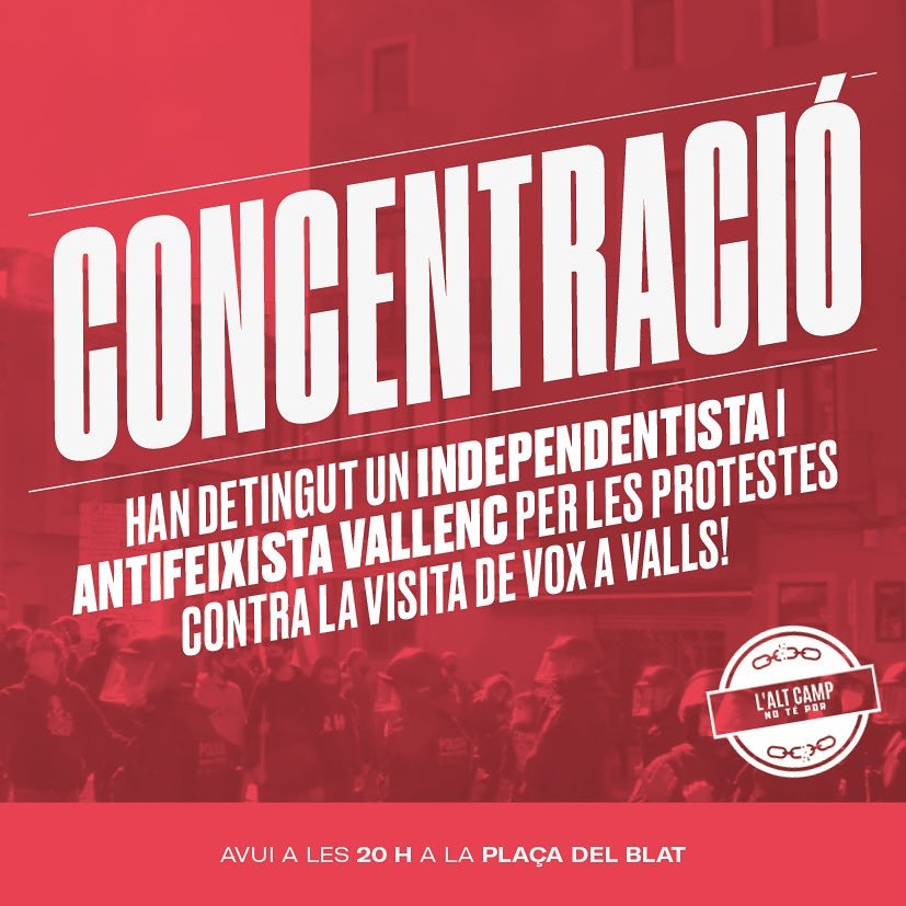 He sortit en llibertat amb càrrecs i a l'espera de judici.

Aquesta tarda <a href="/altcampnotepor/">L’Alt Camp no té por</a> ha organitzat una concentració a les 20h a la plaça del Blat de Valls. Espero que sigui un clam, no pel meu cas, sinó per tots i cadascú dels més de 3.000 repressaliats.

No ens aturaran!