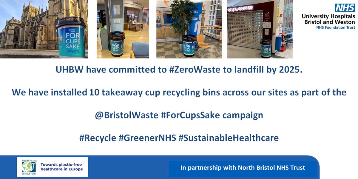 uhbwNHS's tweet photo. UHBW believe in #SustainableHealthcare and aim to be #ZeroWaste to landfill by 2025. We have installed 10 takeaway cup recycling bins across our sites as part of the @BristolWaste #ForCupsSake campaign ♻️

#Recycle #GreenerNHS #PlasticFreeJuly https://t.co/ibgVpuD9NJ