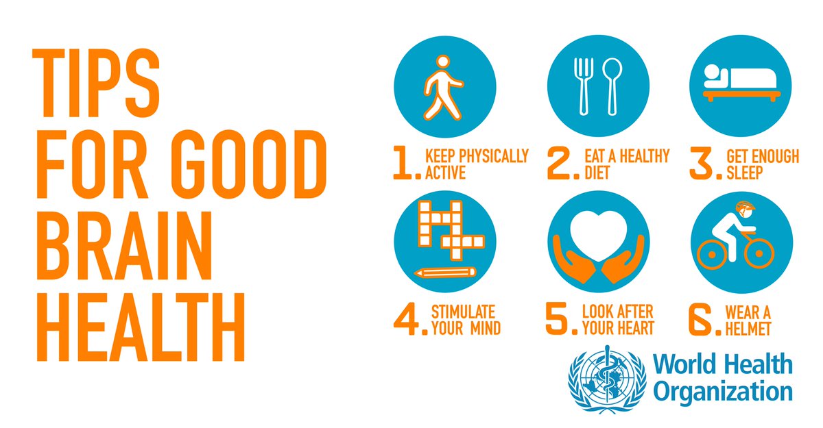 Thursday is #WorldBrainDay. Tips for good brain health 🧠: 🏃‍♂️ Keep physically active 🍌 Eat a healthy diet 😴 Get enough sleep 🧩 Stimulate your mind 💟 Look after your heart ⛑️ Wear a helmet More from @WHO: bit.ly/2UstT2p