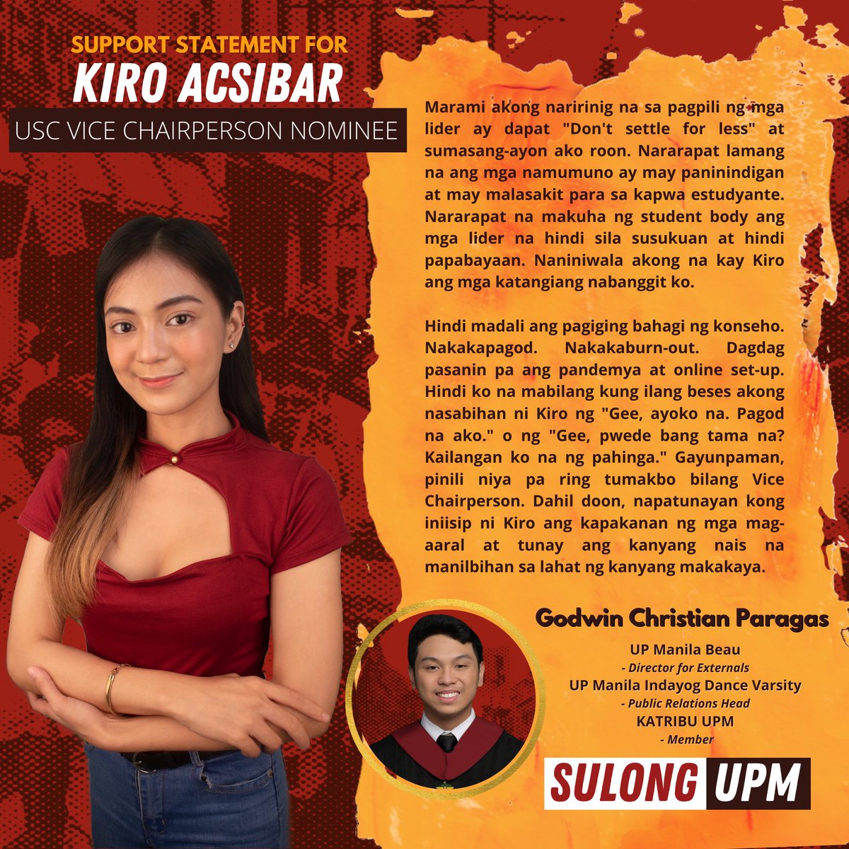 SulongUPM's tweet photo. Si Godwin Christian Paragas, Director for Externals ng UP Manila Beau, Public Relations Head ng UP Manila Indayog Dance Varsity, at miyembro ng KATRIBU UPM, ay lubos na sumusuporta kay Querobin Acsibar bilang USC Vice-chairperson.

#KayKIROSigurado
#AtinAngBukas
#SulongUPM https://t.co/riKMUOVu78
