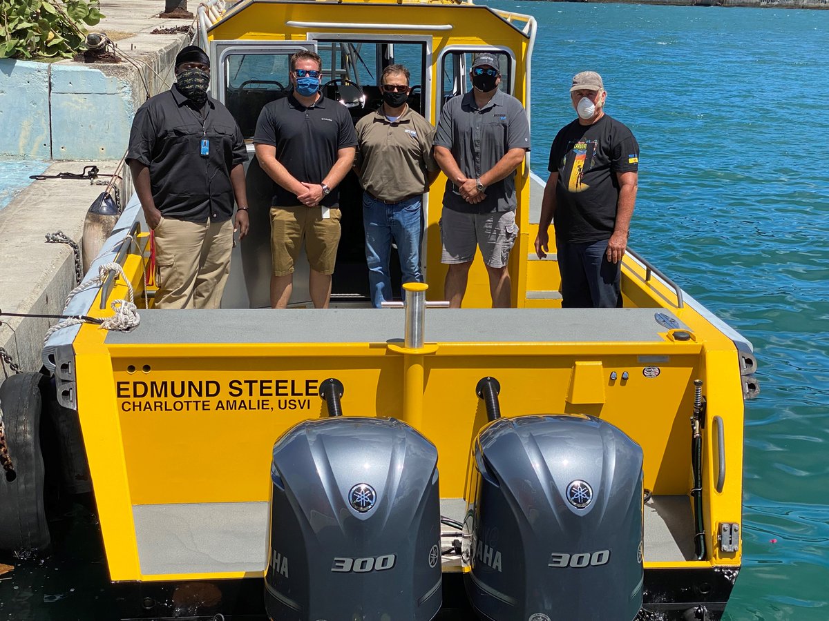 Representatives of #NorthRiverBoats inspected the new pilot boat  built for the VI Port Authority. From left to right are VIPA Seaman Qeion Boynes, VIPA Marine Manager Captain Matthew Berry, Jordan Allen and Rob Cross of North River, and VIPA Marine Mechanic Carl LaPlace.