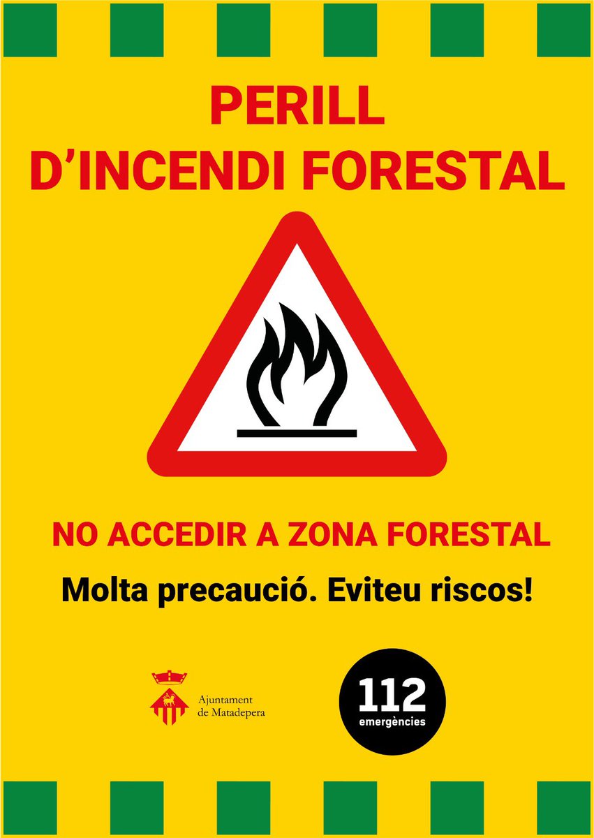 Estem en nivell d’alerta Alfa3. Per aquest motiu des de l’<a href="/AjMatadepera/">Aj. Matadepera</a> decretem el tancament de l’accés al Parc de Sant Llorenç del Munt i l’Obac, i a l’espai de la Costa del Tet i Mont-Rodon. Entre tots evitem el risc d’incendi forestal! #Matadepera
