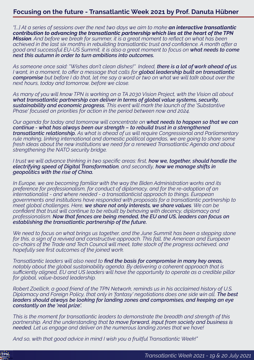 TPNOnline's tweet photo. "Focusing on the Future"
Happy to share @danutahuebner's opening remarks at #TransatlanticWeek2021. In her wise words, "wishes don't clean dishes!" We need global leadership built on #transatlantic compromise.
TPN is here for it!
Read the speech ππΌ https://t.co/eC06jdceMK