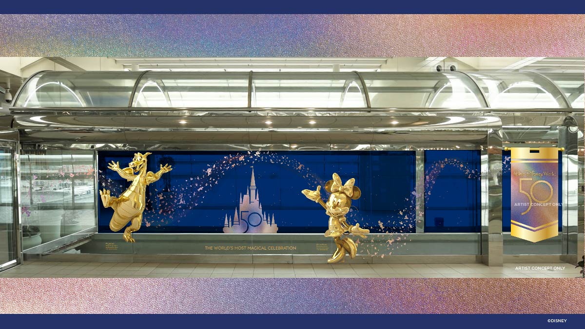 DisneyParks's tweet image. In honor of the 50th anniversary of @WaltDisneyWorld Resort beginning Oct. 1, a special art installation and EARidescent magic is coming to Orlando International Airport, immersing guests in “The World’s Most Magical Celebration” as soon as they arrive. bit.ly/3wVfUPx
