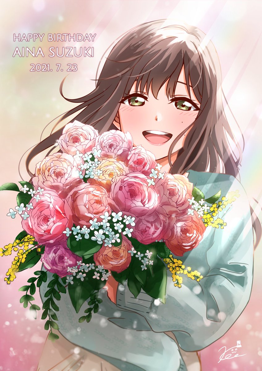 1girl solo happy birthday smile bouquet flower long hair  illustration images