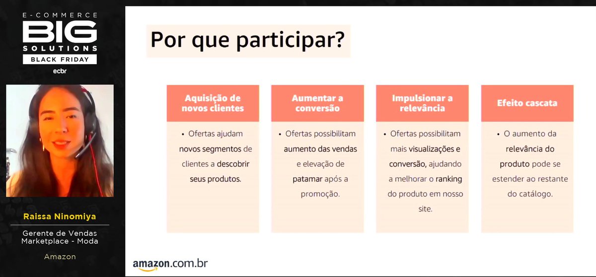 eCommerce_Br's tweet image. Raissa Ninomiya, Gerente de Vendas Marketplace - Moda da @amazonBR trouxe os &apos;4 motivos principais para você não ficar de fora da #BlackFriday&apos;. 

#bigsolutions #bigsolutionsBF
