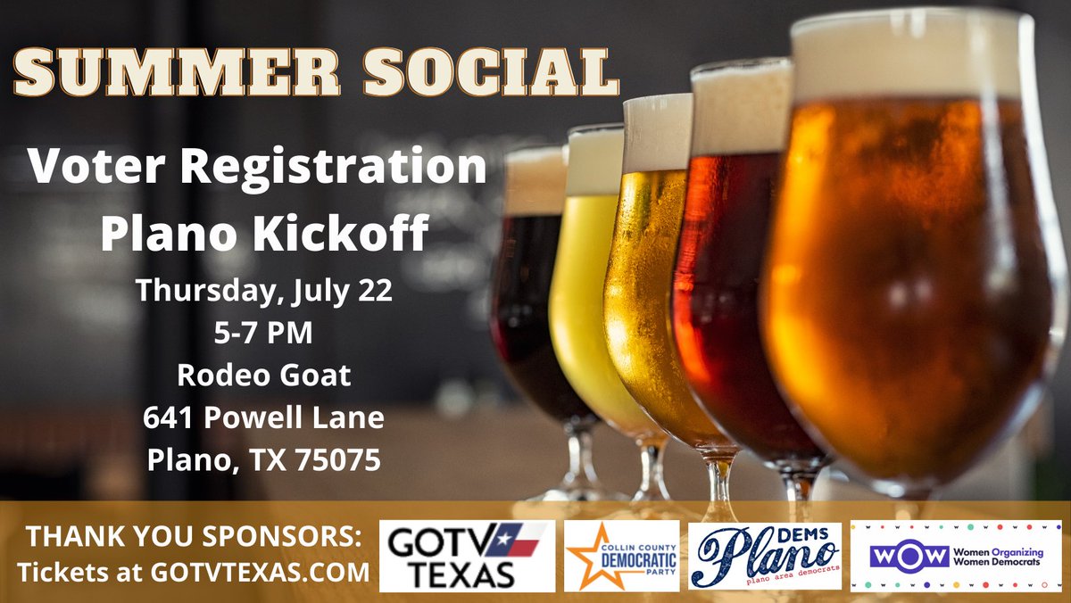 JoannaCattanach's tweet photo. 🎉See you soon! Grab a burger and a beer TONIGHT and help Get Out the Voter Registration in Collin County with @WOWDemocrats @CollinDems @GOTV_TexasPAC and Plano Area Dems from 5 -7 p.m. on Thursday, July 22. 
🎟️ Tickets in advance or at the door: https://t.co/zMJXN9QhkH https://t.co/DgZqsot3bT