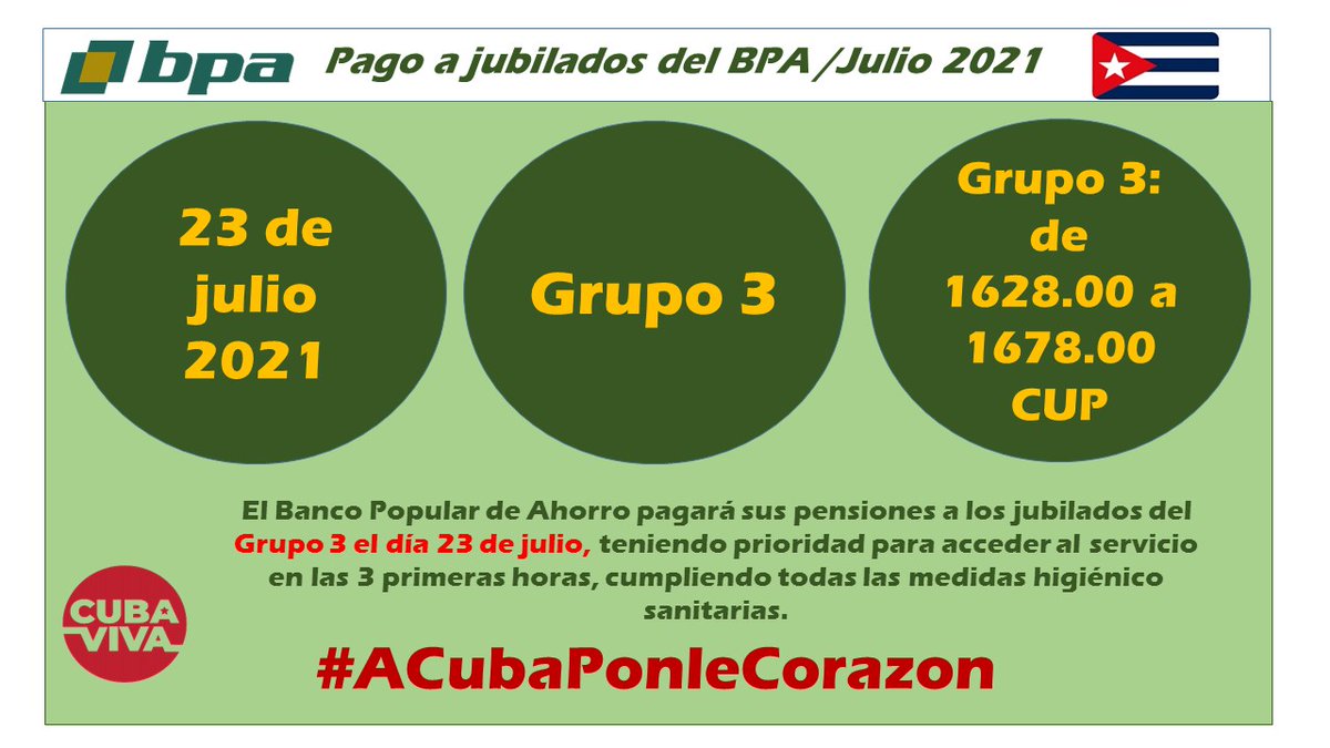 CubaBPA's tweet photo. Mañana 23 de julio, en las oficinas del BPA cobrarán sus pensiones los jubilados del Grupo 3, con prioridad para acceder al servicio, cumpliendo todos con las medidas higiénico sanitarias. @BarbaritaM4 @marta_wilson @mayobrebcc @AlinoKaterine @RPolancoF @QueipoRuiz https://t.co/95LjanOSVG