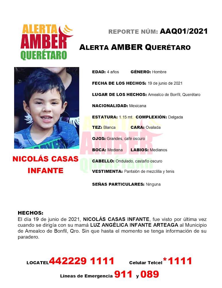fiscaliaqro's tweet photo. Se reactiva Alerta AMBER para la búsqueda y localización de Nicolas Casas Infante. 

Solicitamos a quien tenga información pueda comunicarse a Locatel al 4422291111, al 911 o de manera anónima al 089. https://t.co/xsNo84jXJu