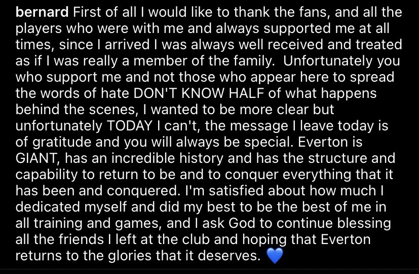 TheToffeeBlues's tweet photo. Bernard’s goodbye message to the Evertonians. Good luck @b_10duarte 💙 https://t.co/22l1azWQGh