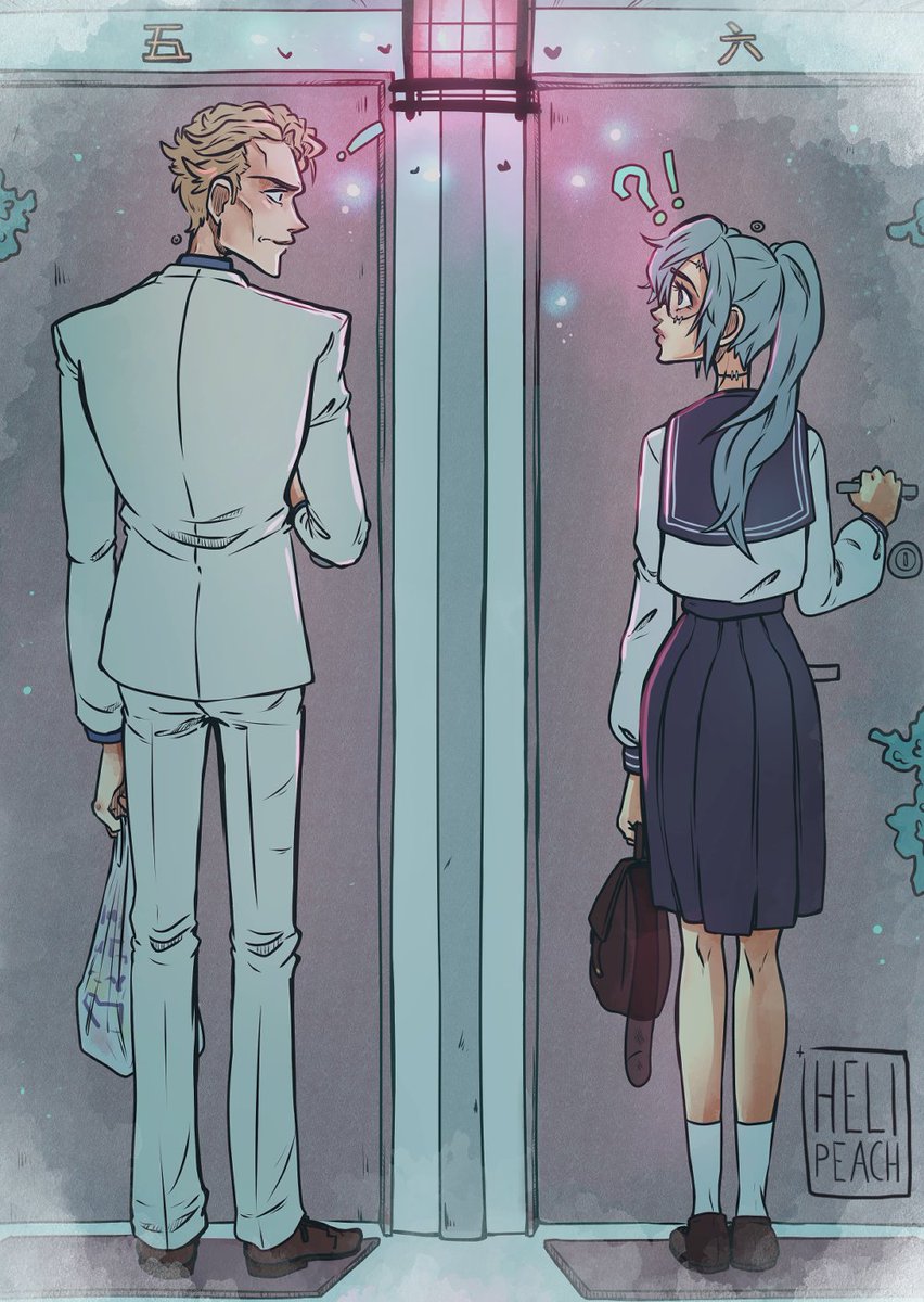 HeliPeach's tweet image. Fem Mahito realising her teacher Nanami has temporarily moved into the appartement next to hers. 
5/6
(I have one more drawing for this &quot;Follow Mahito during a day&quot;- art serie) 
#mahito #nanamikento #femmahito #jujutsukaisenfanart #JujustuKaisen