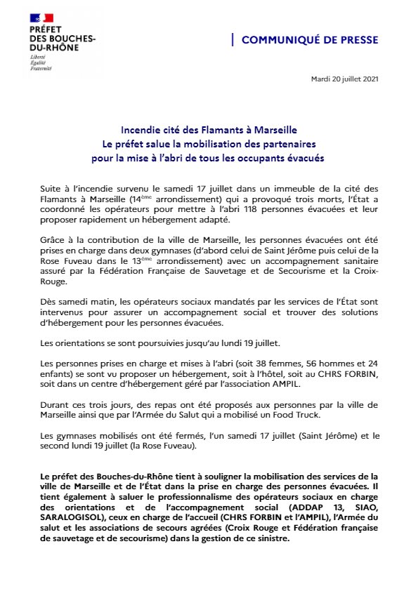 #Marseille – suite à l’incendie survenu dans la cité des Flamants samedi 17 juillet  provoquant la mort de 3 personnes

➡️5 lits supplémentaires ont été ouverts dès samedi soir sur notre Centre d’Hébergement et de Réinsertion Sociale Forbin – pour loger 24 hommes isolés majeurs👏
