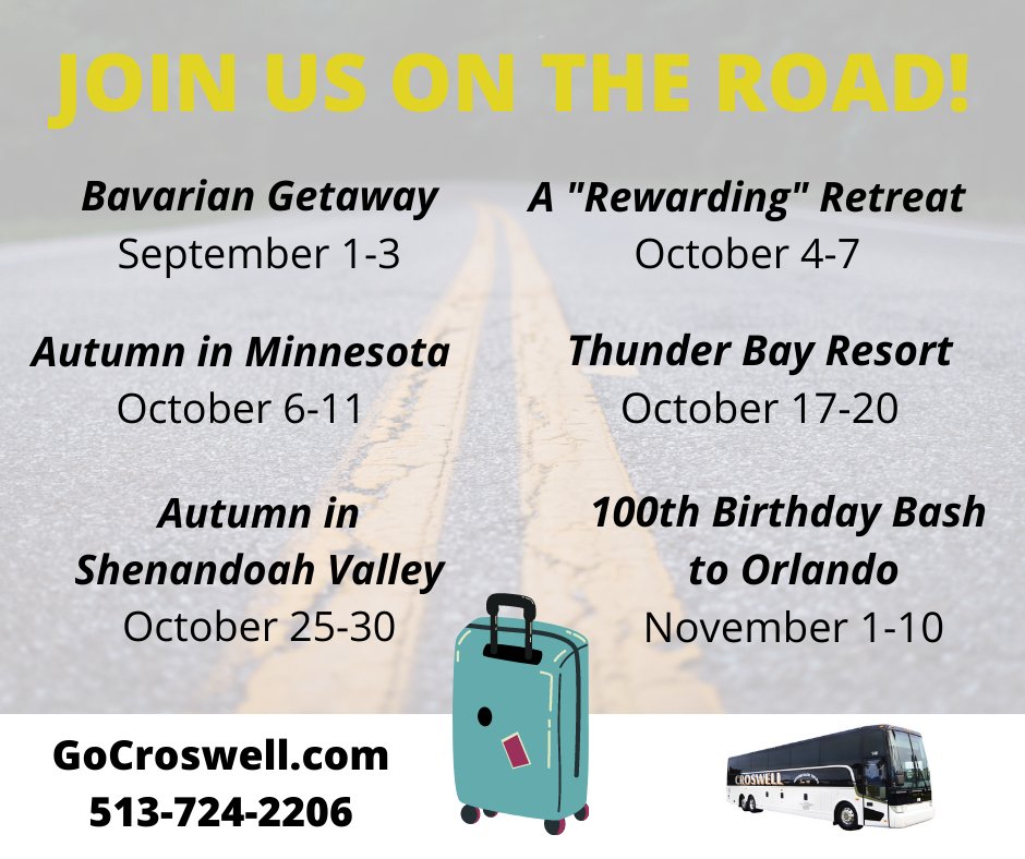 gocroswell's tweet photo. Ready to hit the open road in 2021? We have LIMITED AVAILABILITY on ALL 2021 tours. Give us a call today or visit https://t.co/jRqqLgeTh2 to view tour details and make your reservation!

#GoCroswell 
#MovingPeoplefor100Years https://t.co/IyUwwvlgST