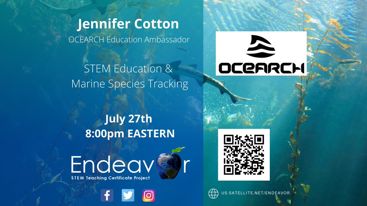 EndeavorSTEM's tweet image. @OCEARCH Education Ambassador, Jennifer Cotton will join @EndeavorSTEM on July 27th at 8pm to discuss #shark and #marine species tracking, research, and education. Register here: forms.gle/U13SwCiuJD2DTX…
#marinescience #STEMeducation #ScienceTwitter