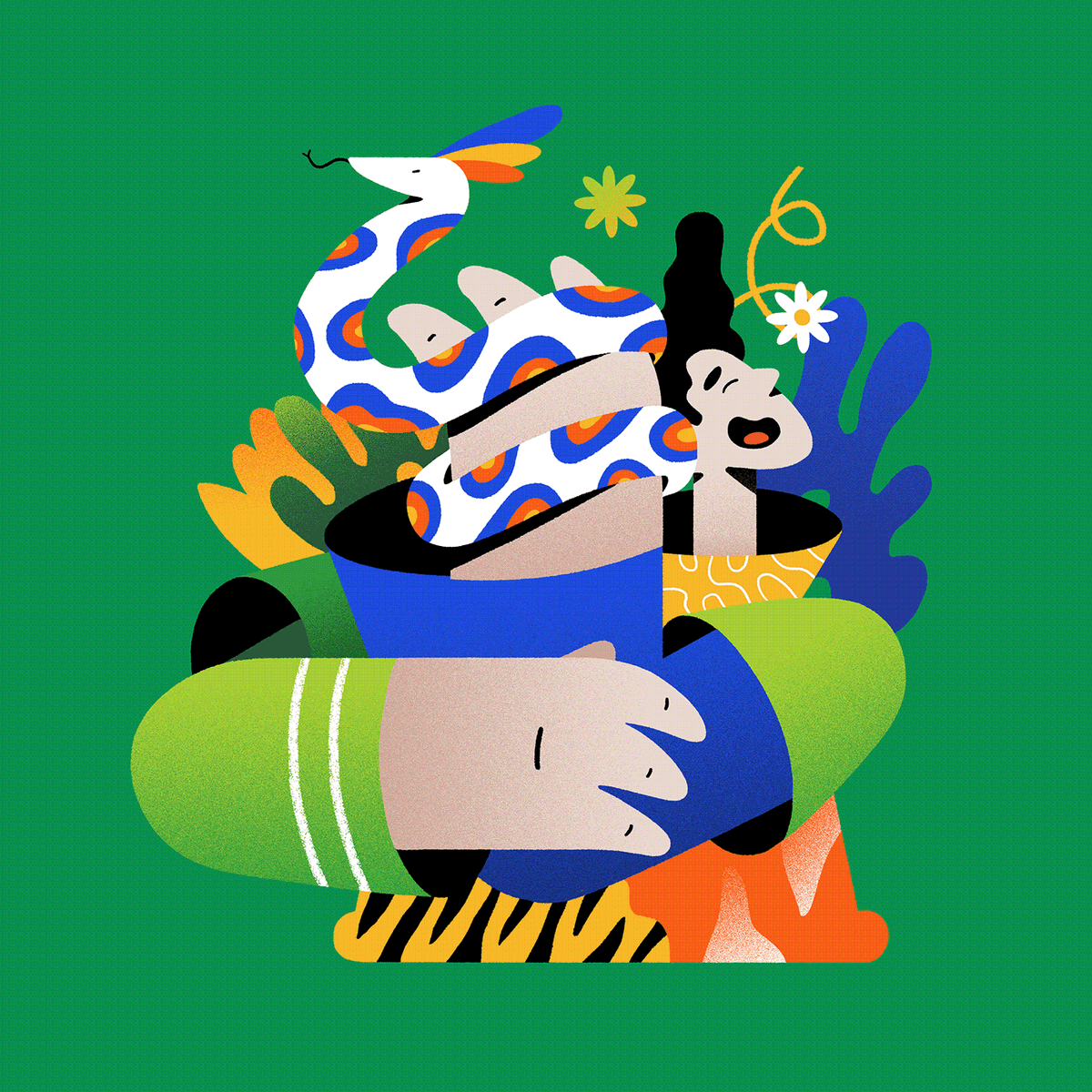 An illustration of a person wearing multicolored clothes and holding a snake wrapped around their hand.