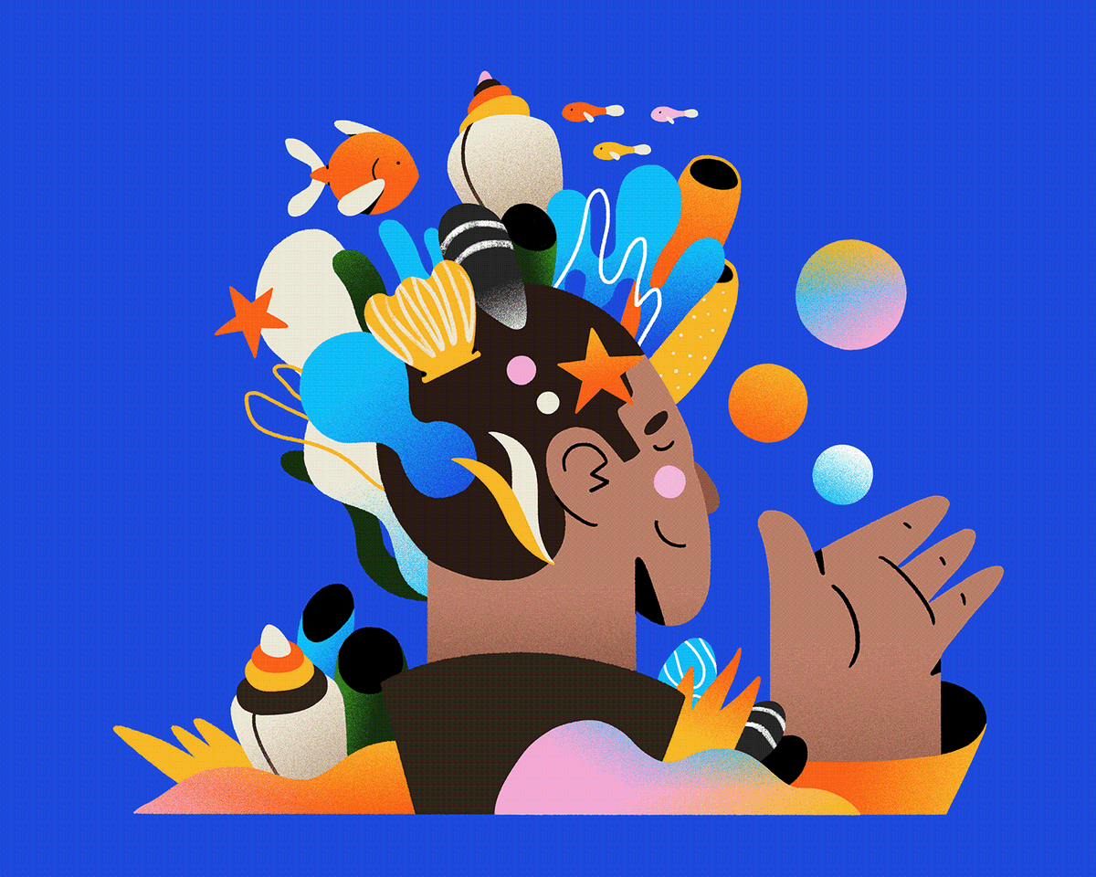 An illustration of a person from behind with short hair who's waving with one hand. On their head, there's coral and other sea life.