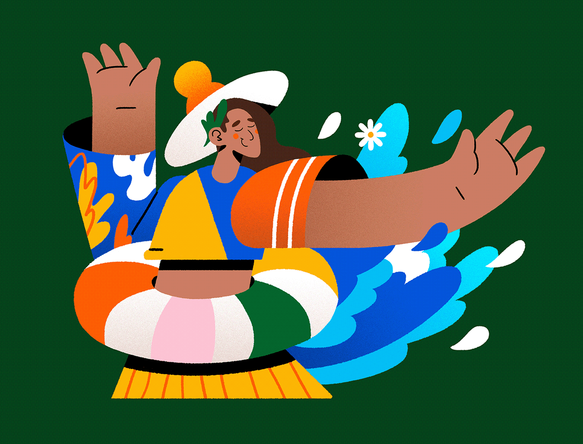 An illustration of a person with their arms stretched out, wearing a large hat. They're wearing multicolored clothes and an inflatable ring at their waist, with waves behind them.
