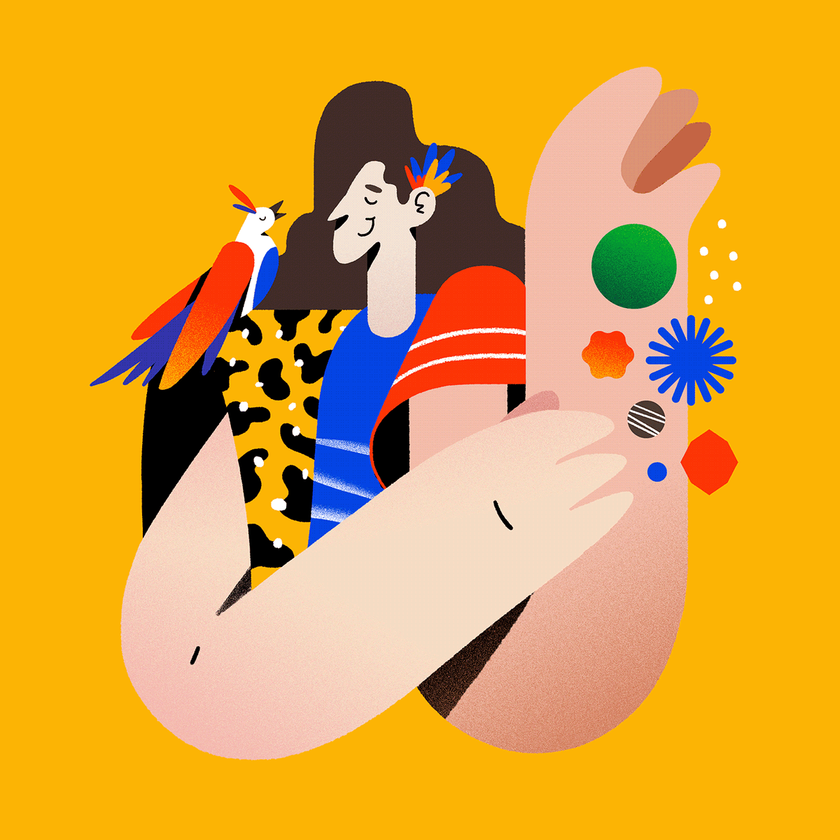 An illustration of a person with long hair dancing with their arms. They're wearing multicolored clothes and have a bird on their shoulder.