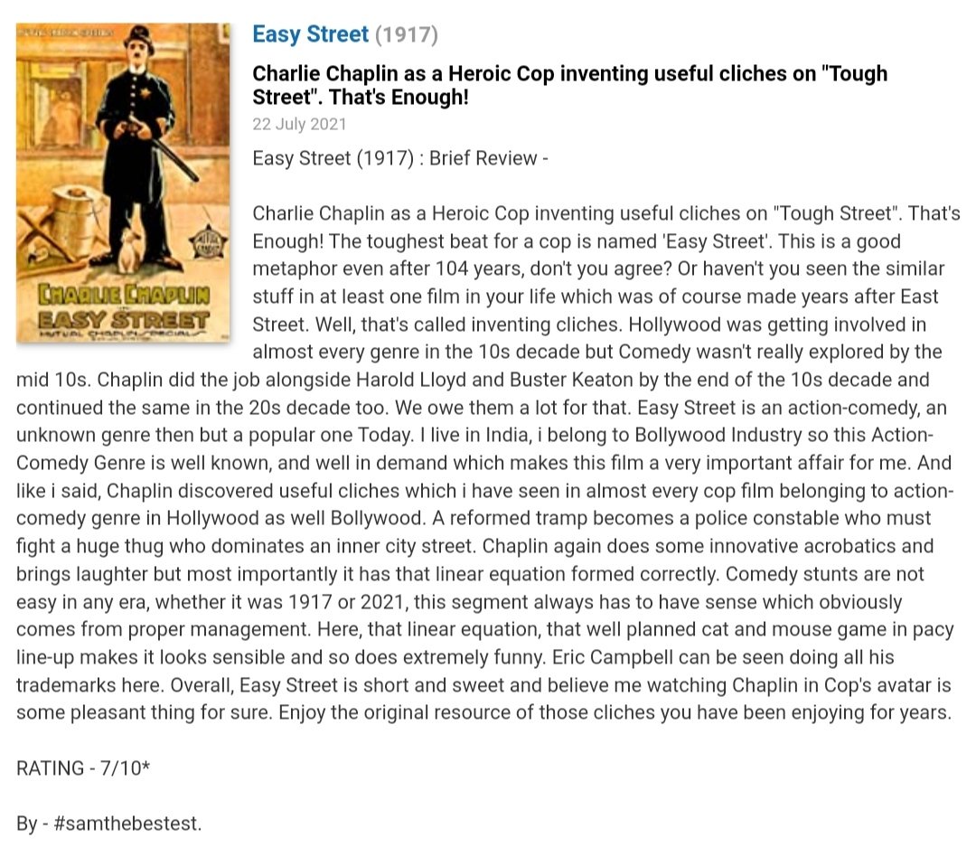 Watched #EasyStreet (1917) :

Charlie Chaplin as a Heroic Cop inventing useful cliches on 'Tough Street'. That's Enough!

RATING - 7/10*

#charleschaplin #CharlieChaplin #edwardbrewer #ednapurviance #ericcampbell #albertaustin #lloydbacon #henrybergman #MovieReview #filmreview