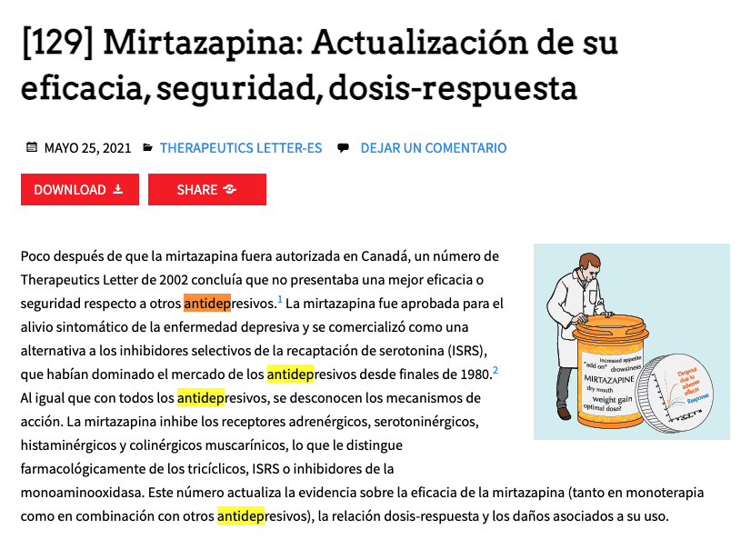 Drug_Evidence's tweet photo. #UBC TI Therapeutics Letter 129 en español:
Mirtazapina: "Las dosis superiores a 30 mg diarios producen pocos más beneficios pero aumentan los daños de forma importante"
https://t.co/mhYTgMjKzK
#Antidep #Antidepresivos #desprescrebir #SegPac
@odpdh https://t.co/FtdZXdF4Lq