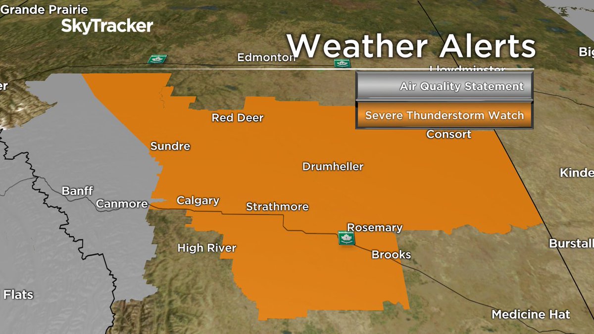 TiffanyLizee's tweet photo. A severe thunderstorm watch is in place for parts of central and southern #Alberta, including the cities of Red Deer and #Calgary. #YYC #AB storm https://t.co/wlIp6KQhRI