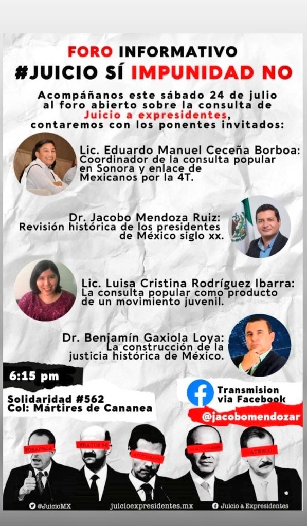 En nuestras manos está votar Sí para enjuiciar a los ex presidentes, mandatarios que han destrozado a nuestro país. Este 1 de Agosto salgamos a votar y ejercer nuestro derecho para que los culpables sean castigados. 

#DeBotasYSombrero
