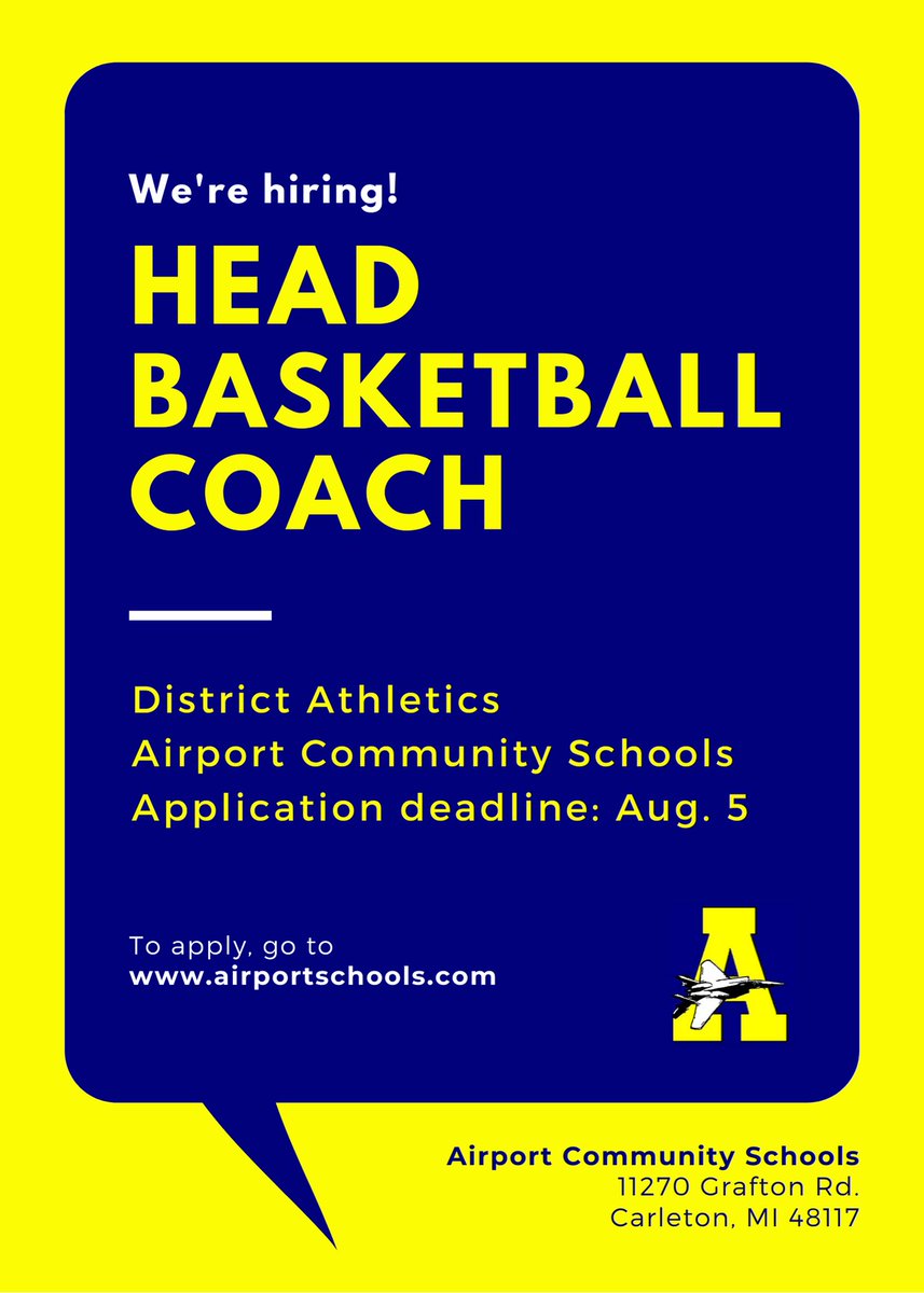 AirportSchools's tweet photo. 🚨We're hiring! 🚨We are seeking a Head Coach for Varsity Basketball 🏀 AND a Head Coach for Wrestling. 🤼‍♂️ The deadline to apply is Aug. 5. 

Interested candidates should submit their resume to Thomas Oestrike, Athletic Director, at toestrike@airportschools.com. @school_airport https://t.co/kDqpl32d3S