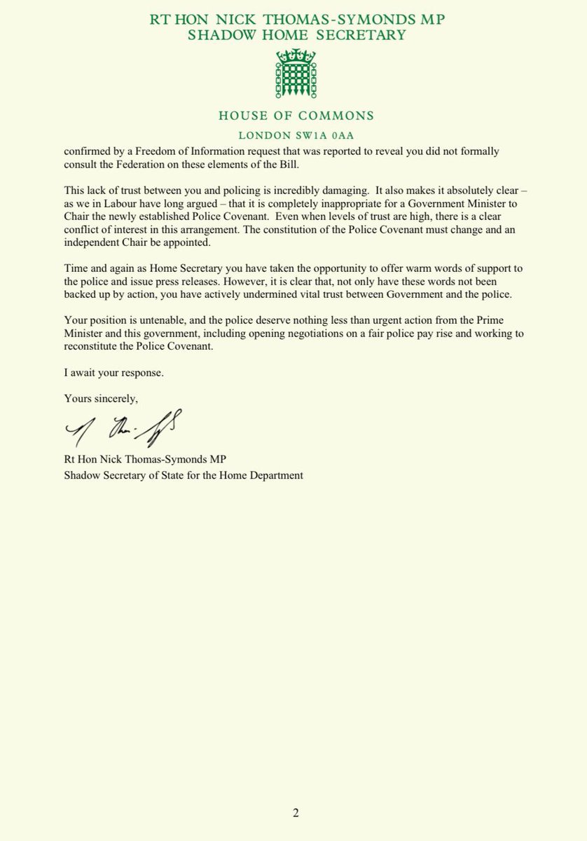 My letter to Priti Patel on the awful way the Tories have treated our police with a 0% pay offer.

This is after letting officers down on the vaccine &amp; claiming to consult the Police Fed when she hadn’t. 

The Home Sec has lost the trust of police - her position is now untenable.